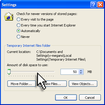 Adjusting the amount of disk space used by the Temporary Internet Files folder